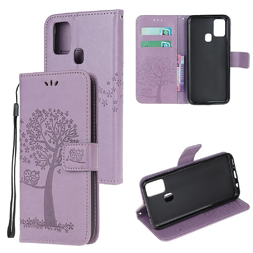 Etui en PU empreinte arbre hibou élégant avec support violet clair pour votre Samsung Galaxy A21s