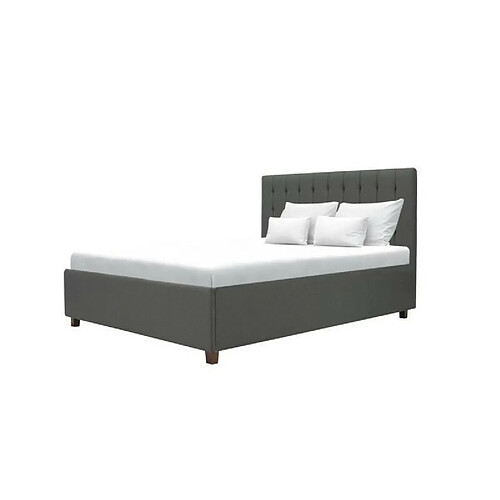 EMILY Lit adulte 160 x 200 cm + Coffre de rangement - Tissu imitation lin gris fonce - Sommier inclus