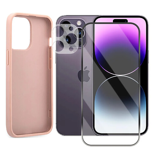 Protection intégrale Verre Trempé pour iPhone 14 Pro Max + Verre Trempé Caméra Arrière + Coque souple silicone Rose -Visiodirect-