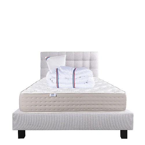 LUXURY LITERIE Ensemble matelas Dreamlux 90x190 cm + sommier gris ep20cm + oreiller + couette + Tête de Lit