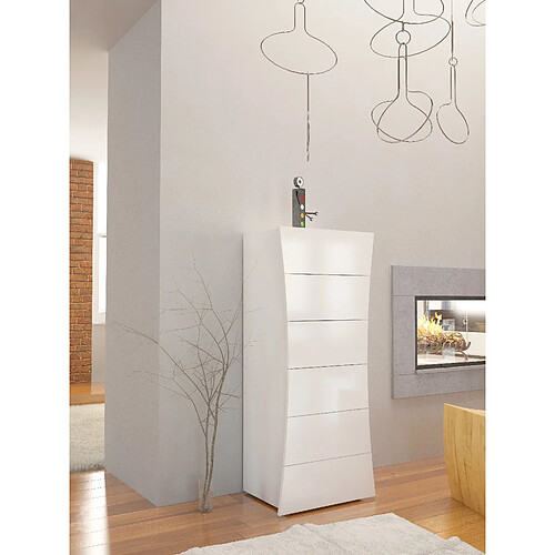 Alter Commode à 7 tiroirs, Made in Italy, Design ondulé moderne, Hebdomadaire pour chambre à coucher, 50x40h122 cm, couleur blanc brillant