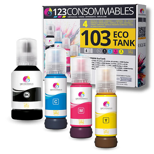 123Consommables Pack compatible avec EPSON 103 ECOTANK, 4 bouteilles d'encre