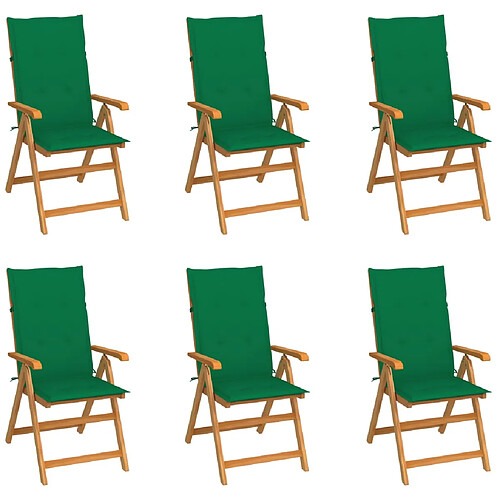 vidaXL Chaises de jardin lot de 6 avec coussins vert Bois teck massif