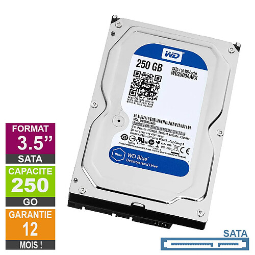 Disque Dur 250Go SATA 3.5 Western Digital Blue WD2500AAKX-60U6AA0 7200rpm 16Mo · Reconditionné