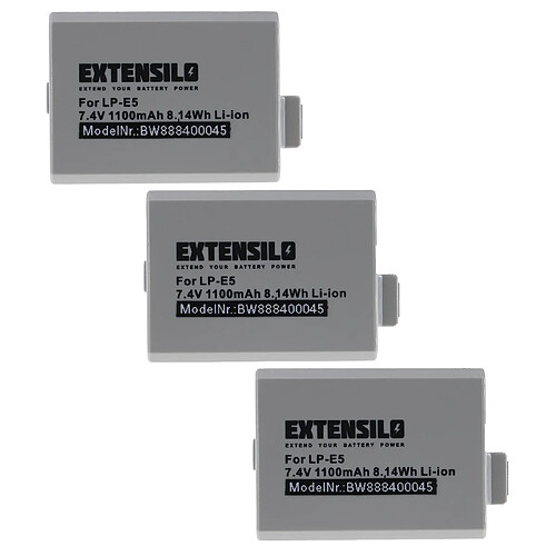 Vhbw EXTENSILO 3x Batteries compatible avec Canon EOS Rebel XS, Kiss X2, Kiss X3, Rebel T1i appareil photo, reflex numérique (1100mAh, 7,4V, Li-ion)