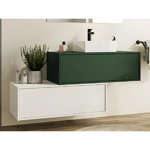 Vente-Unique Meuble de salle de bain suspendu vert et blanc avec simple vasque carrée et deux tiroirs - 94 cm - TEANA II