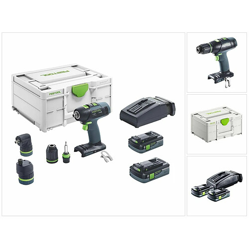 Festool T 18+3 HPC 4.0 I-Set Perceuse-visseuse sans fil 18 V 50 Nm brushless (576989) + 2x Batteries 4,0 Ah + Chargeur + Accessoire excentrique + Accessoire d'angle + Coffret