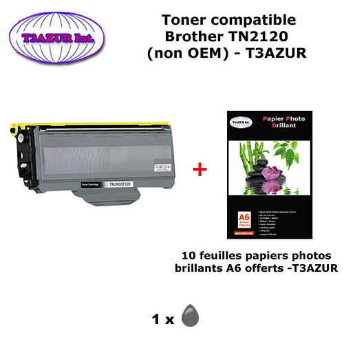 Toner compatible TN2120 pour imprimante Brother HL 2140, 2150N, 2170W + 10f A6 brillants - T3AZUR