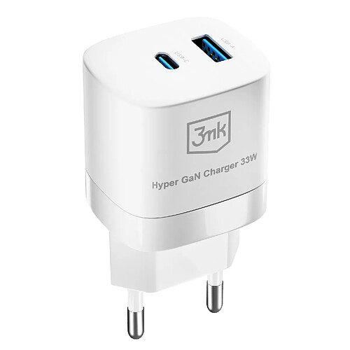 3mk Chargeur secteur compact USB et USB-C 33W Blanc