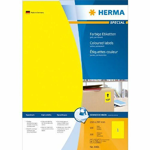 Herma 4401 Étiquettes 210 x 297 A4 100 pièces Jaune