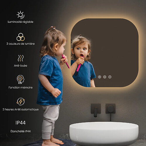 EMKE Miroir de Salle de Bain avec Éclairage 50 x 50cm Anti-buée LED Miroir Carré Lumière Rétro-éclairage 3 Températures de Couleur et Luminosité Réglable + Interrupteur tactile