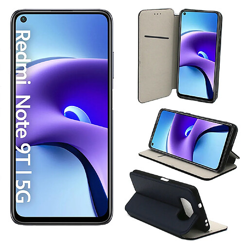 Xeptio Xiaomi Redmi Note 9T 5G Etui Protection Portefeuille bleu à Rabat avec Porte Cartes - Housse Folio bleue navy Coque Antichoc - Accessoires