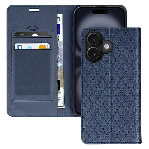 Avizar Étui Folio pour iPhone 16 Plus Losange Porte cartes Support Vidéo Bleu Nuit