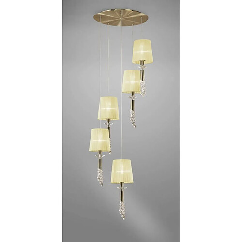 Luminaire Center Suspension Tiffany 5+5 Ampoules E27+G9 Spiral, laiton antique avec Abat jour crèmes & cristal transaparent