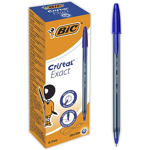 BIC Cristal Exact Stylos-Bille Pointe Aiguille (0,7 mm) - Bleu, Boîte de 20 BIC