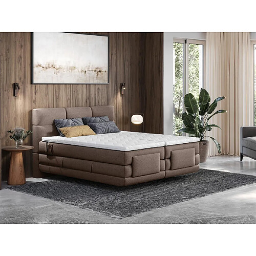 Vente-Unique Ensemble complet boxspring tête de lit capitonnée + sommiers relaxation électrique + matelas + surmatelas - 2 x 80 x 200 cm - Tissu - Marron - LODI de PALACIO