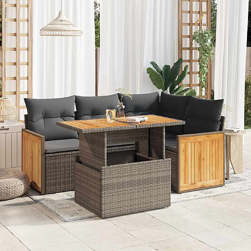 vidaXL Salon de jardin 5 pcs avec coussins gris résine tressée acacia