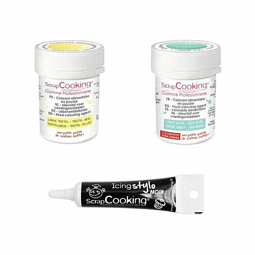 Scrapcooking 2 colorants alimentaires vert d'eau-jaune pastel + Stylo glaçage noir