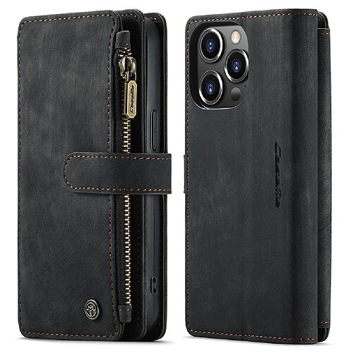 Caseme Etui en PU + TPU poche zippée avec support, antichoc noir pour votre Apple iPhone 13 Pro 6.1 pouces