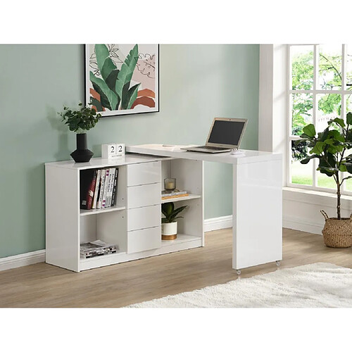 Vente-Unique Bureau extensible avec plateau pivotant 360° - MDF - Blanc laqué - PAVELO