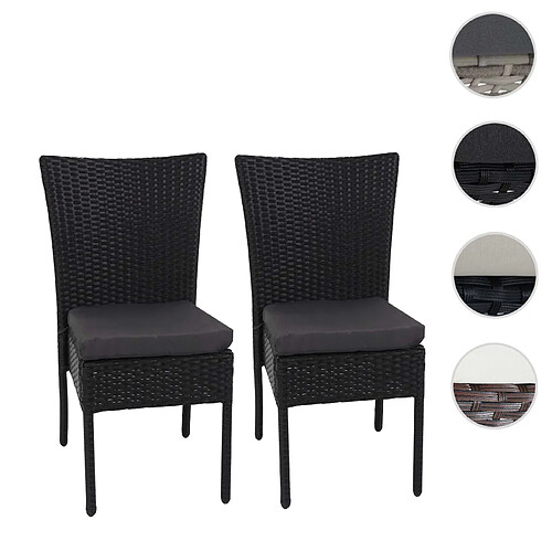 Mendler 2x Fauteuil en polyrotin HWC-G19, chaise pour jardin ou balcon, empilable ~ noir, coussin gris foncé