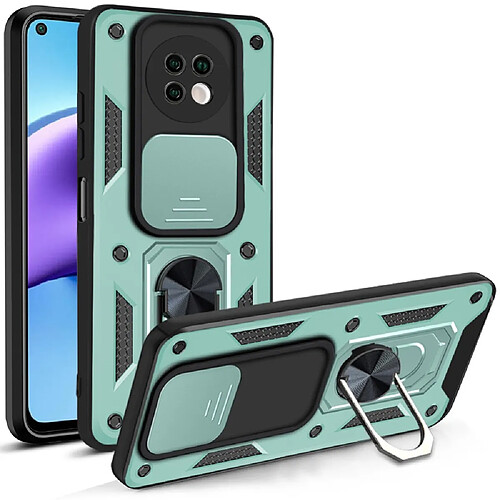 Coque en TPU antichoc, souple avec béquille en anneau et glissière pour appareil photo vert pour votre Xiaomi Redmi Note 9T 5G/Redmi Note 9 5G