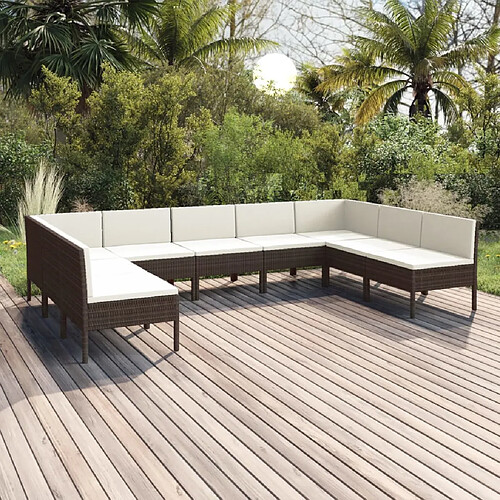 vidaXL Salon de jardin 9 pcs avec coussins résine tressée marron