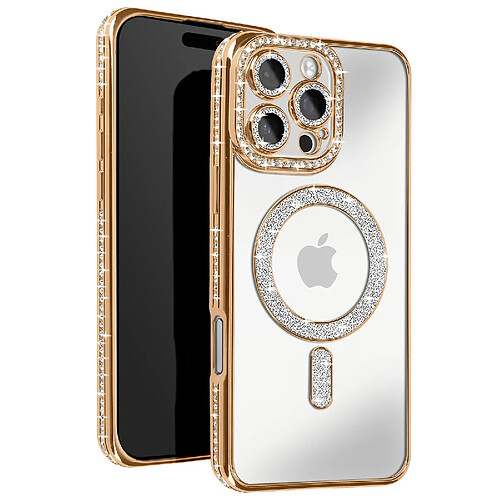 Avizar Coque Diamant pour iiPhone 16 Pro Max MagSafe Contour Strass Dorée