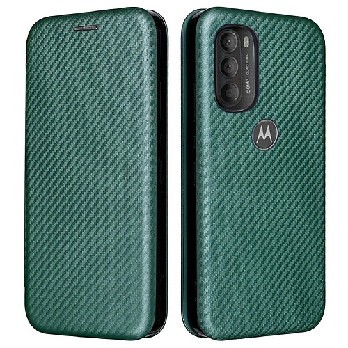 Coque en TPU + PU texture en fibre de carbone avec support et porte-carte vert pour votre Motorola Moto G71 5G