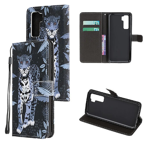 Etui en PU impression de motif texture croisée avec sangle léopard pour votre Huawei Nova 7 SE/P40 Lite 5G