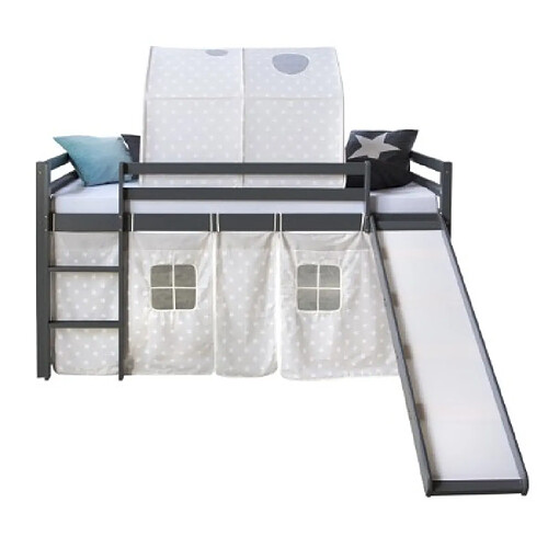 Homestyle4U lit mezzanine gris 90x200 avec toboggan echelle et tunnel coulissant