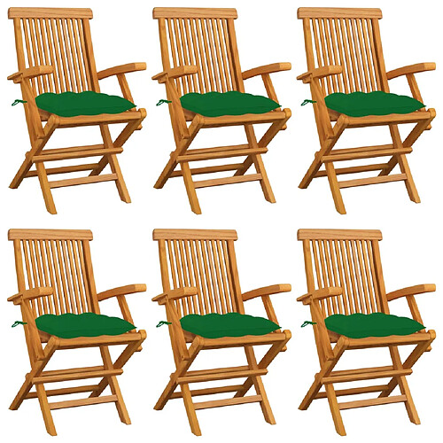 vidaXL Chaises de jardin avec coussins vert lot de 6 Bois teck massif