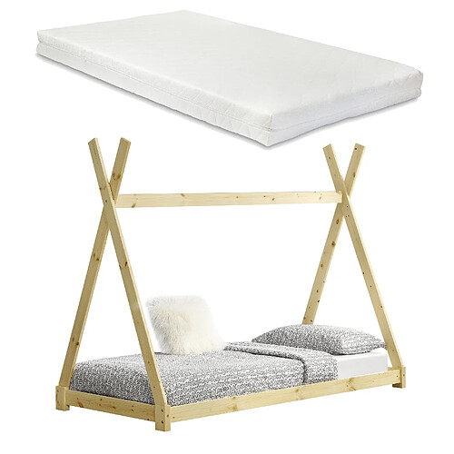 Lit Tipi Pour Enfants Avec Matelas Mousse à Froid Onejda Bois Naturel 200 x 90 cm [en.casa]