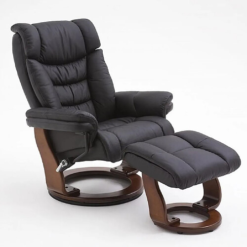 Inside 75 Fauteuil relax manuel IKER assise confortable en cuir noir piétement bois noyer