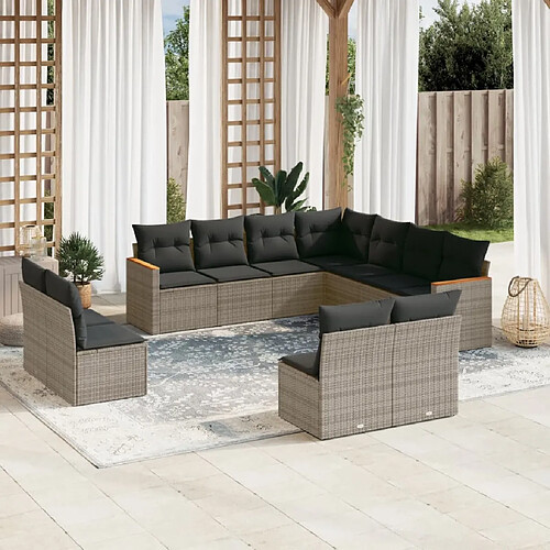 vidaXL Salon de jardin 11 pcs avec coussins gris résine tressée