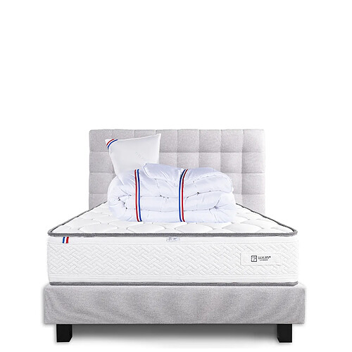 LUXURY LITERIE Ensemble matelas Iris 90x190 cm + sommier gris ep20cm + oreiller + couette + Tête de Lit