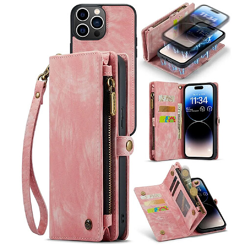 Etui en cuir fendu CASEME avec support pour votre iPhone 14 Pro - rose