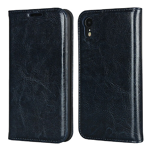 Etui en cuir véritable texture de cheval fou bleu pour votre Apple iPhone XR 6.1 pouces