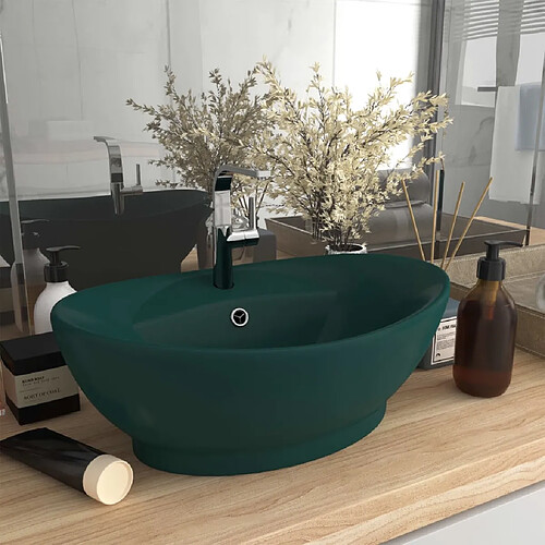 vidaXL Lavabo ovale à trop-plein Vert foncé mat 58,5x39 cm Céramique