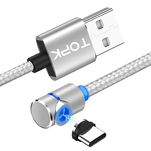 Wewoo Câble de charge magnétique coudé à 90 degrés USB avec USB à USB-C / type Cmax. 1 Aavec indicateur LED Argent