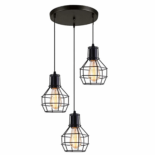 STOEX Lustre Suspension E27 Cage en Fer Métal avec Douille 3 Luminaire Eclairage pour Décor Restaurant Salle Chambre (Noir)