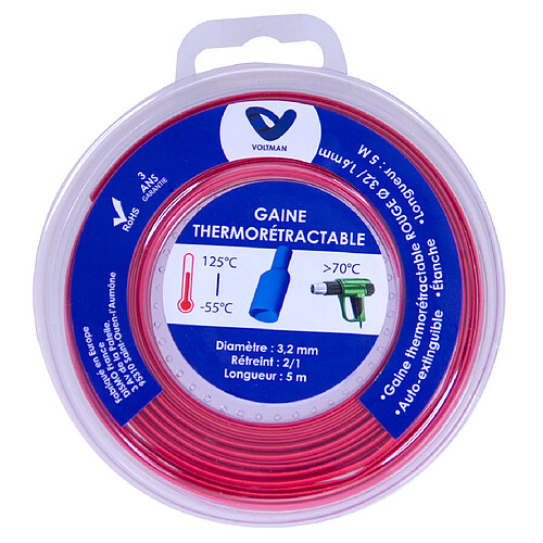 Voltman Gaine thermorétractable en dévidoir Ø 3,2/1,6MM X 5 mètres rouge