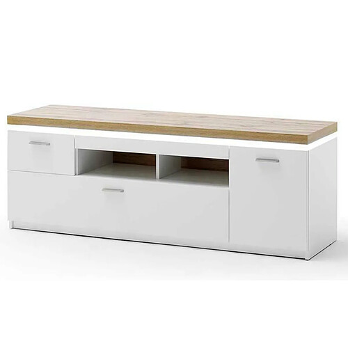 Pegane Meuble TV coloris blanc et chêne wotan - Longueur 156 x Hauteur 57 x Profondeur 44 cm