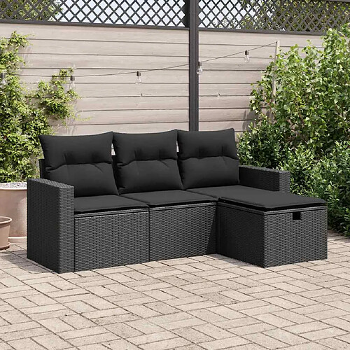 vidaXL Salon de jardin 4 pcs avec coussins noir résine tressée