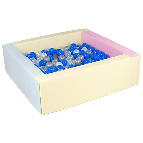 Velinda Piscine à balles carrée avec 300 balles - rose, bleu, jaune p/perle, transparent, bleu, argent