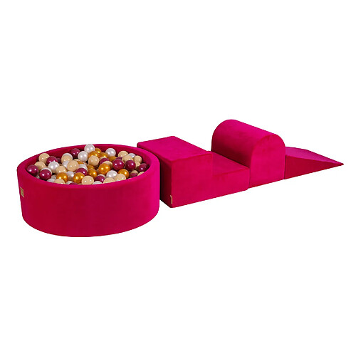 MeowBaby Aire de Jeux en Mousse avec Piscine a Balles, 3 éléments, 200 Balles, Velour, Magenta : Bourgogne Perle/Doré/Blanc Perle/Beige