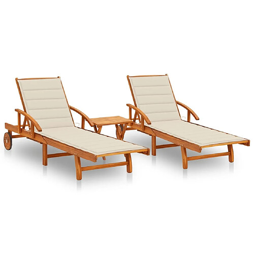 Maison Chic Lot de 2 Chaises longues avec table et coussins | Bain de soleil Relax | Transat Acacia solide -GKD36440