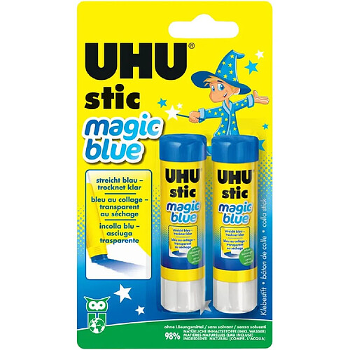 UHU Stic Magic blue - Bâtons de colle sans solvants, idéal apprentissage, bleue au collage et transparente au séchage, lot 2 stics de 8,2g (Kitchen) UHU