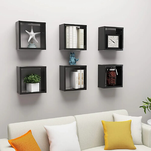 vidaXL Étagères cube murales 6 pcs noir brillant 30x15x30 cm