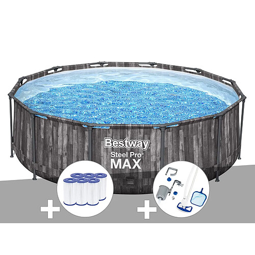 Kit piscine tubulaire ronde Bestway Steel Pro Max décor bois 3,66 x 1,00 m + 6 cartouches de filtration + Kit d'entretien Deluxe